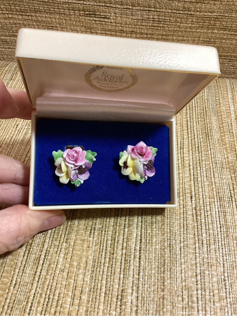Royal Adderley Pink Floral Porcelain Clip-On Earrings damage